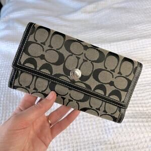 Coach Signature Leather Trim Trifold Full Size Wallet Black